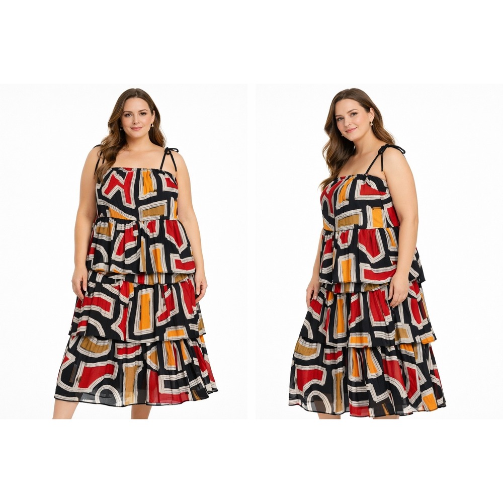 Karl Lagerfeld Paris Tiered Midi Dress Red Orange Geometric LD4EG795‎ Womens 14